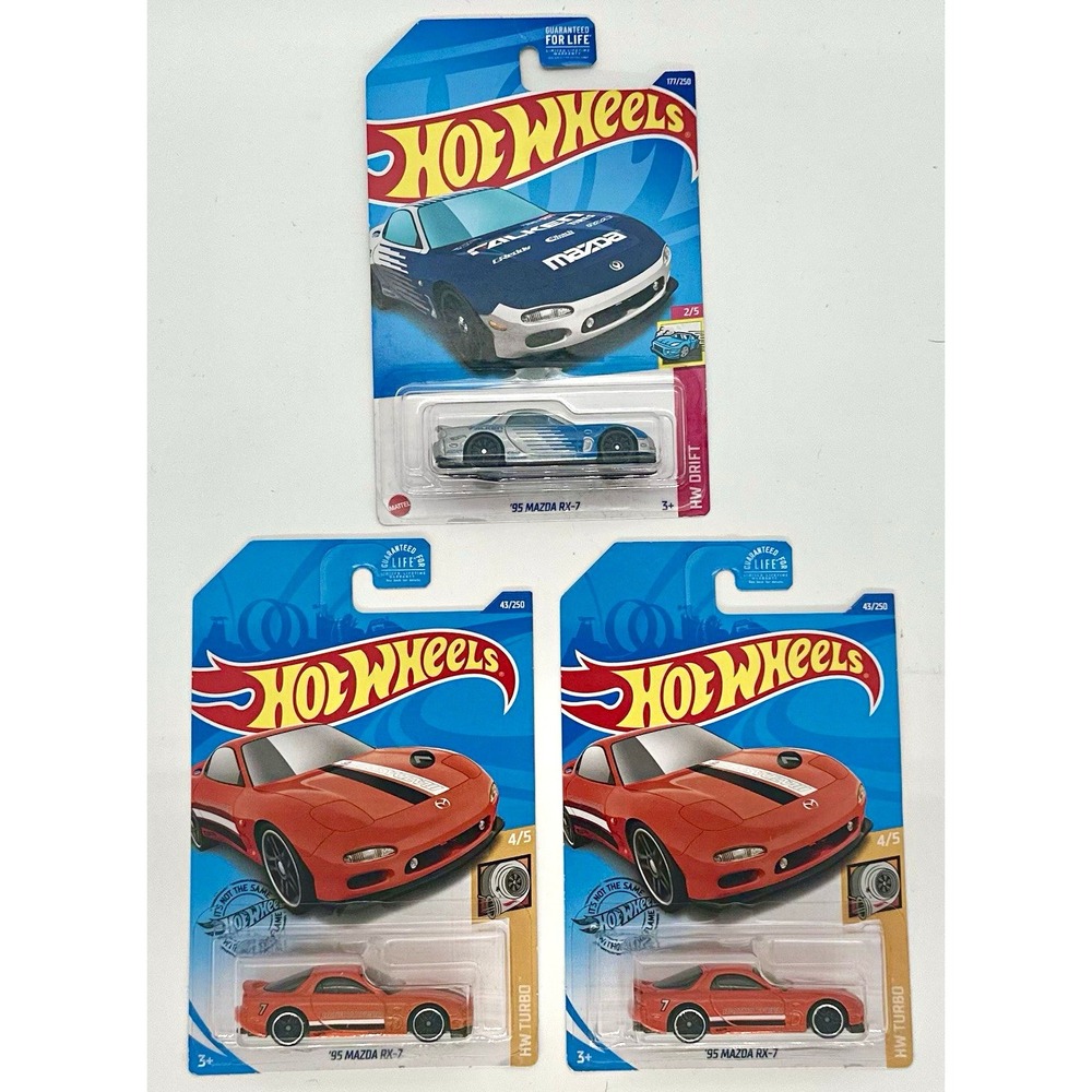 Hot Wheels Mazda RX-7 Lot of 3 Orange Blue HW Turbo Drift 1:64 Sealed Diecast